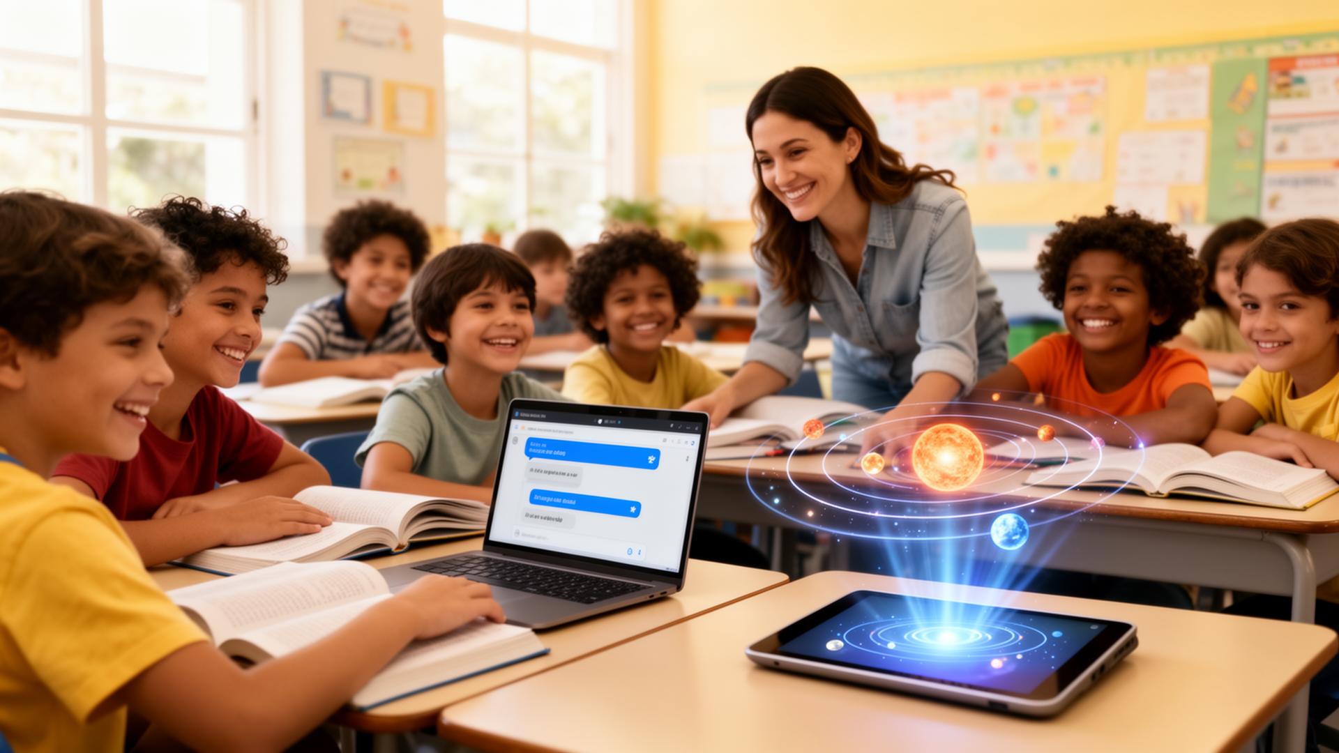 Estudantes usando tecnologia, robótica e IA em sala de aula