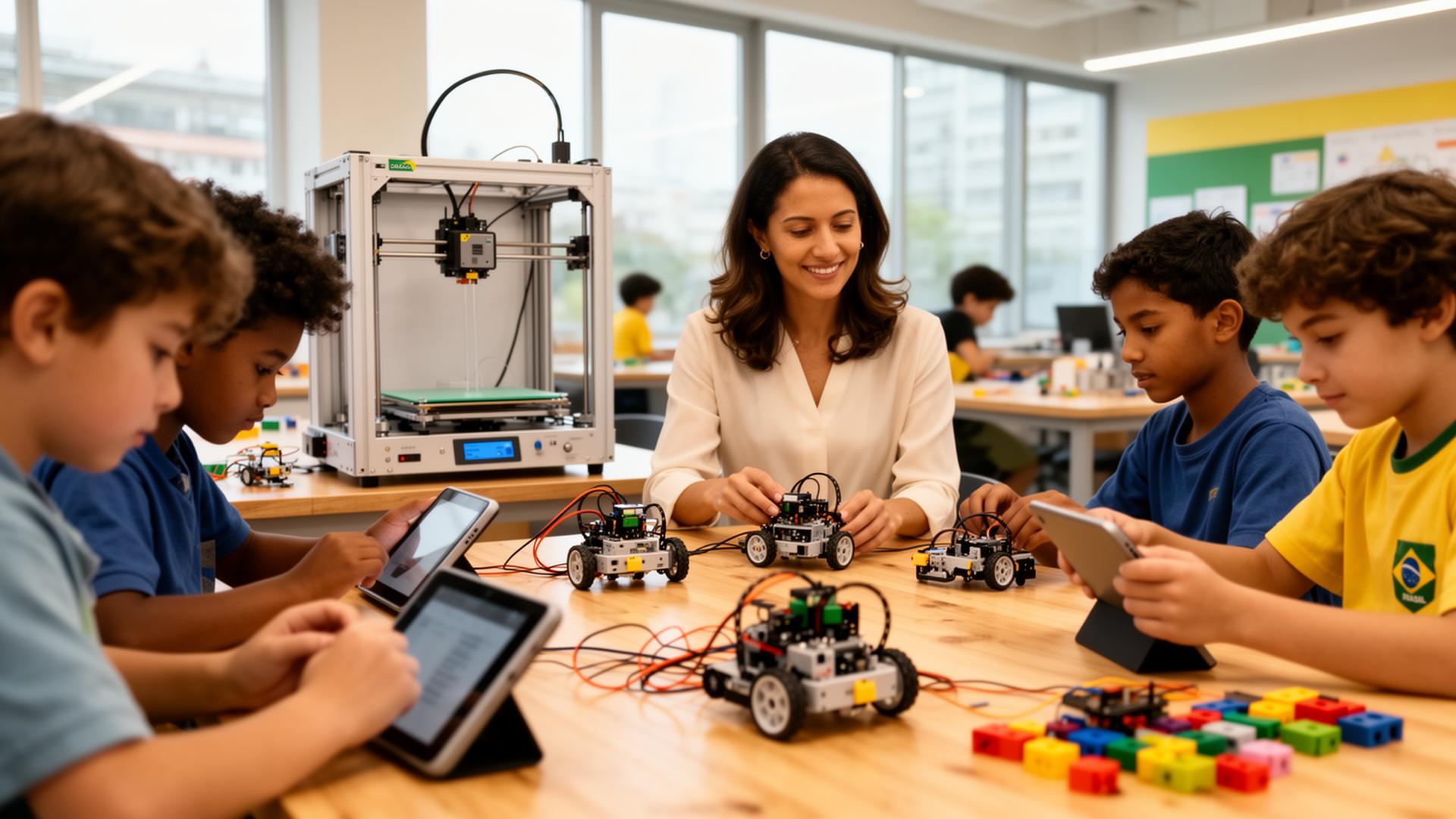 Estudantes usando tecnologia, robótica e IA em sala de aula